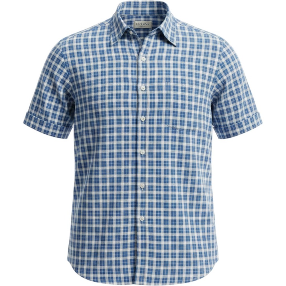 LL Bean Mens XL Tall Seersucker Plaid Short Sleeve Button Down Shirt Blue White